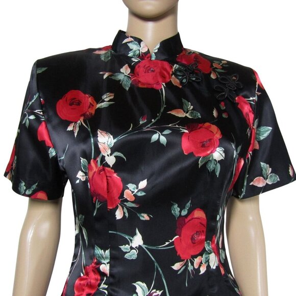 VTG 90s Asian Cheongsam Chinese Floral Dark Romantic Satin Wiggle Mod Dress S - Picture 2 of 12